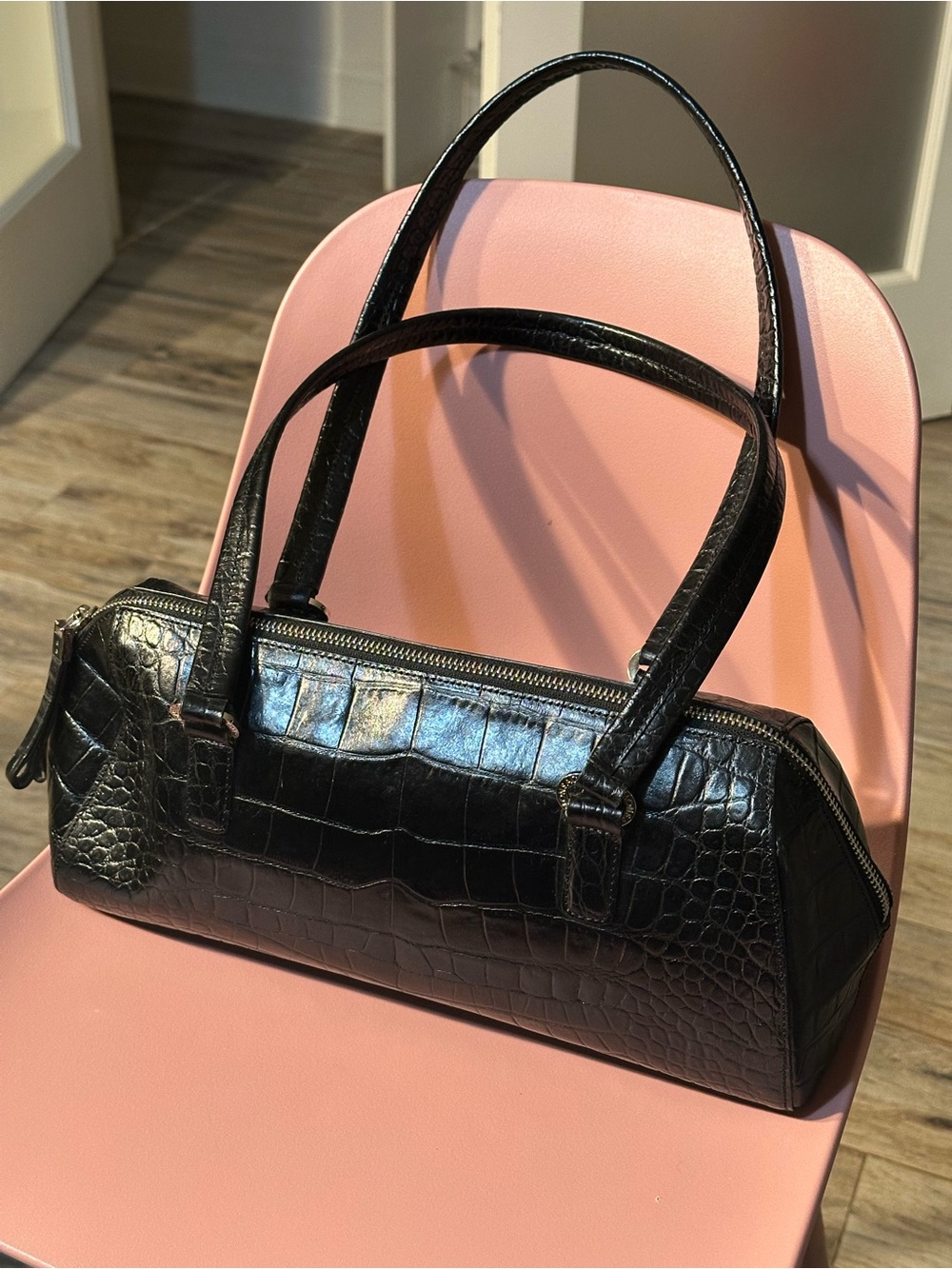 Monsac Black Croc-Embossed Shoulder Bag